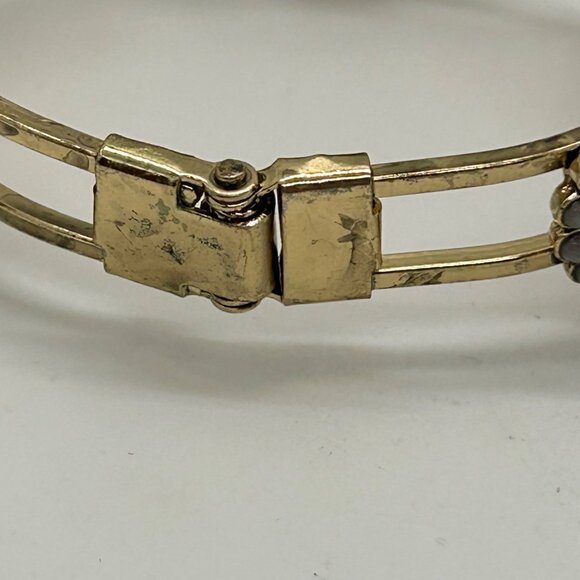 Gold-Tone Hinged Bracelet Vintage Inspired Rhinestones, Faux Pearl Floral Design - Picture 8 of 12
